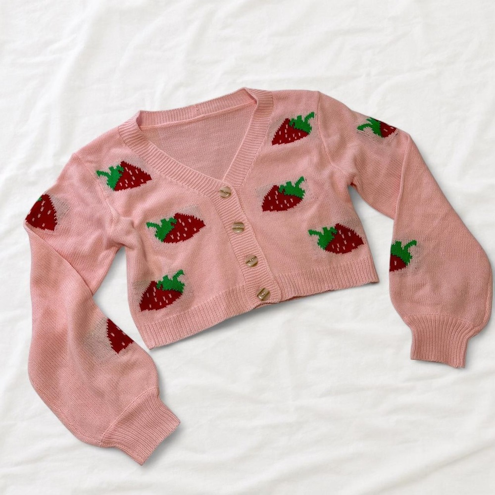 SHEIN Pink Strawberry Knit Cropped Cardigan Kawaii Balloon Sleeve Sweater S